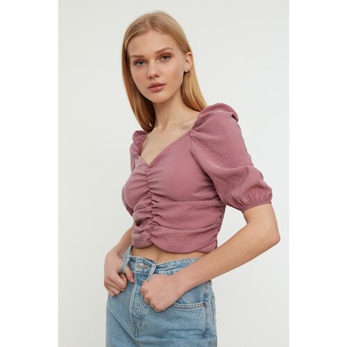 Trendyol Dried Rose Pleated Short Sleeve Crop Blouse Slike
