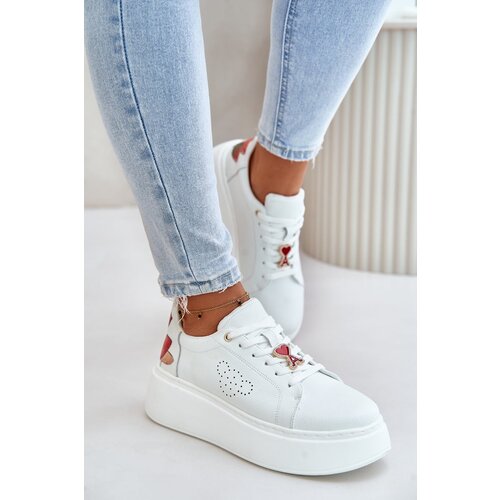 Kesi Women&amp;#039;s Leather Platform Sneakers With Brooch And Decorative Flower White Slike