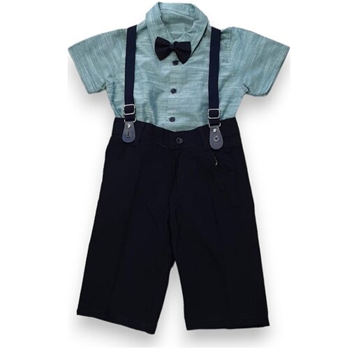  Komplet pantalone teget sa tregerima i zelena kosulja za dečake vel Slike