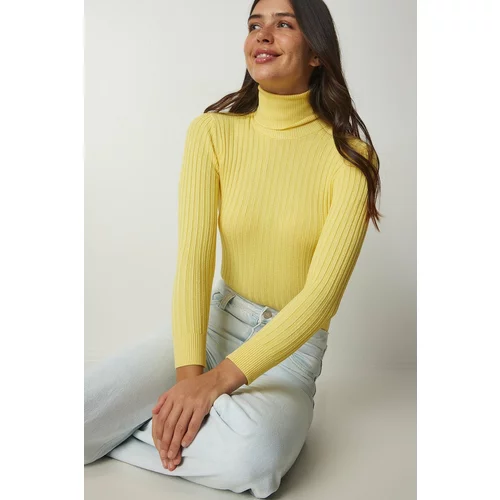 Happiness İstanbul Women's Yellow Turtleneck Basic Corduroy Sweater