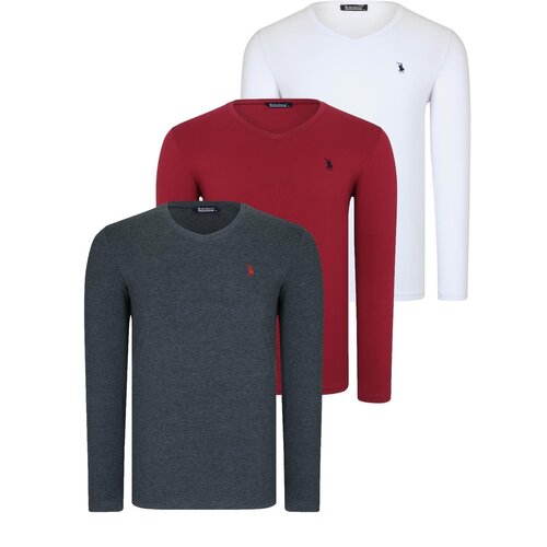 Dewberry TRIPLE SET T8587 V-NECK MEN'S SWEATSHIRT-WHITE-ANTHRACITE-BURGUNDY Cene
