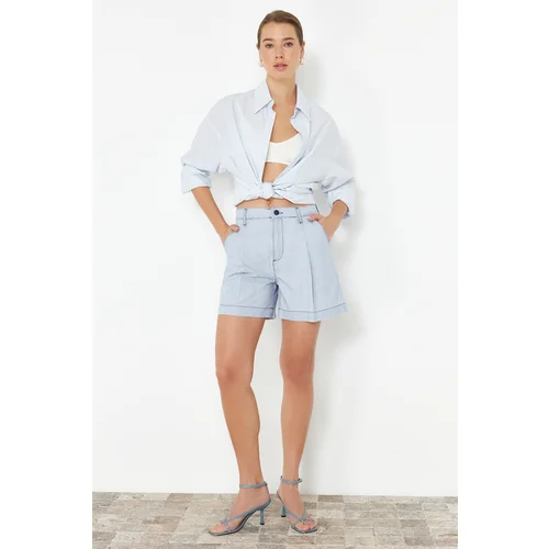 Trendyol Light Blue 100% Tencel™ Pleated High Waist Denim Shorts