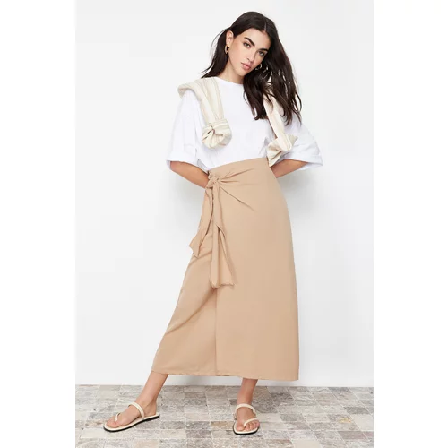 Trendyol Camel Double Breasted Tie Detailed Woven Skirt