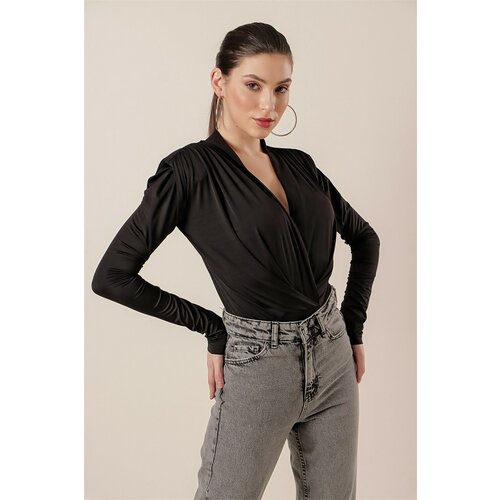 By Saygı Double-breasted Collar Blouse With Pleats, Waistband and Snap Button Black Slike