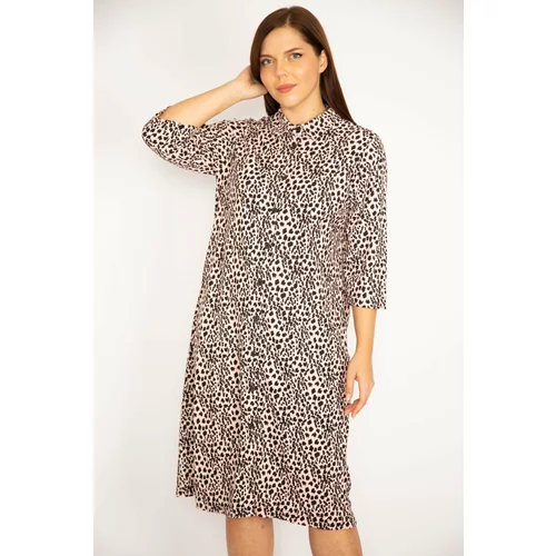 Şans Women's Plus Size Powder Leopard Patterned Front Buttoned Capri Sleeve Dress