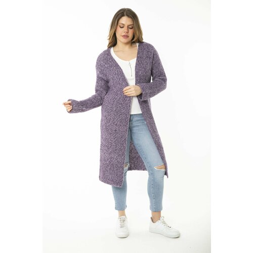Şans Women's Plus Size Purple Long Sweater Long Cardigan with a Slit Slike