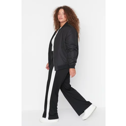 Trendyol Curve Black Elastic Waist Stripe Detailed Wide Leg Knitted Trousers