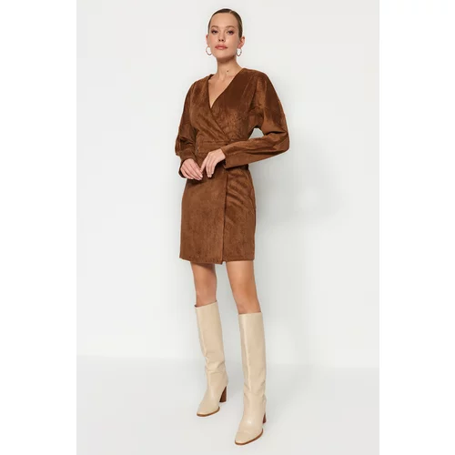 Trendyol Brown Double Breasted Mini Woven Corduroy Dress