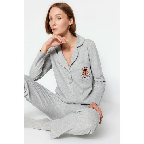 Trendyol Gray Melange Cotton Teddy Bear Embroidered Shirt-Pants Knitted Pajamas Set Slike