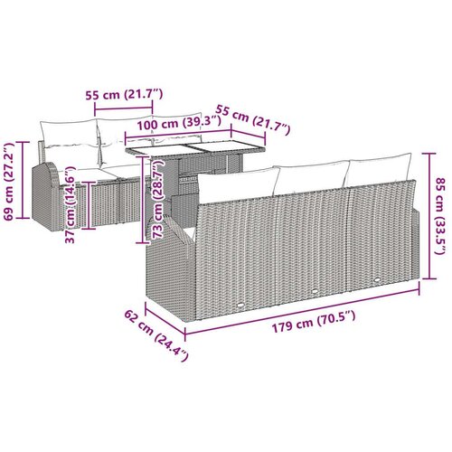  7-dijelni vrtni sofa set s jastučićima smeđa poli ratan Slike