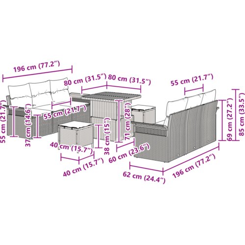  9-dijelni vrtni set sofa s jastučićima crni poli ratan acacia Slike