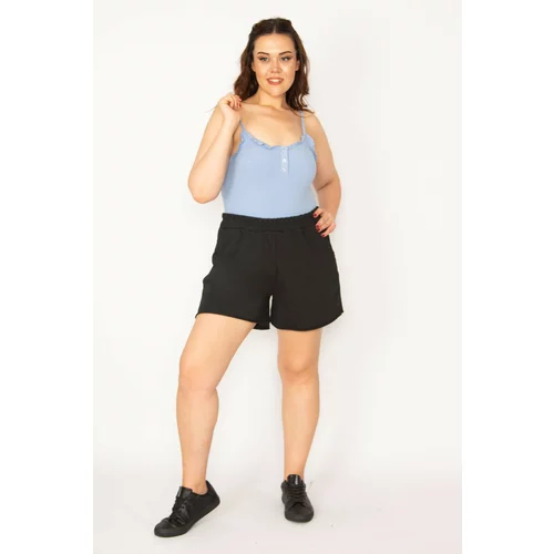 Şans Women's Large Size Black Elastic Waist Shorts with Side Pockets