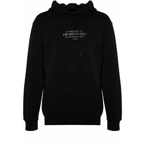 Trendyol Black Men's Regular/Regular Cut, Text Printed Hooded Sweatshirt. Cene