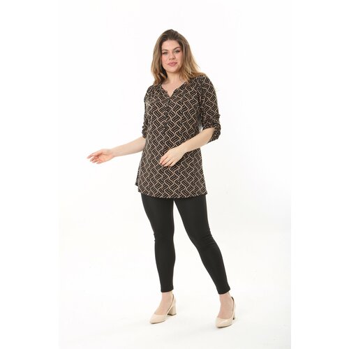 Şans women's plus size brown front pat buttoned adjustable sleeve blouse Slike