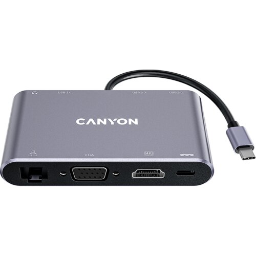 Canyon 8 in 1 USB C hub, with 1*HDMI: 4K*30Hz, 1*VGA, 1*Type-C PD charging port, Max 100W PD input. 3*USB3.0,transfer speed up to 5Gbps. 1*Glgabit Ethernet, 1*3.5mm audio jack, cable 15cm, A Cijene