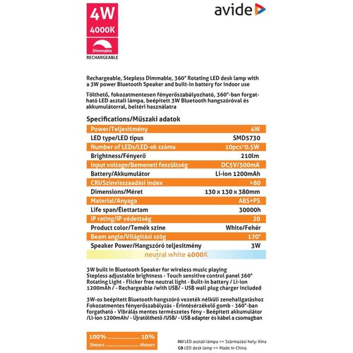 Avide lampa stolna 6W s Bluetooth zvučnikom bijela Slike
