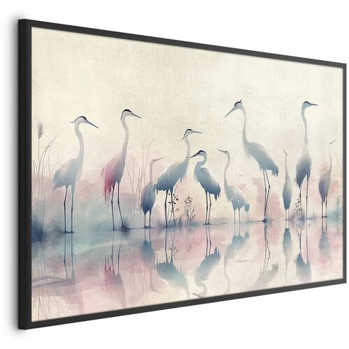  Plakat - Birds by the Lake - herons painted in watercolor in a delicate  gray-pink palette 30x21 Crni okvir Cijene