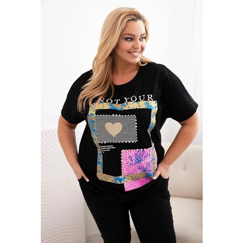 Kesi Włoski Women's cotton Plus Size blouse with gold print black + cornflower blue Cene