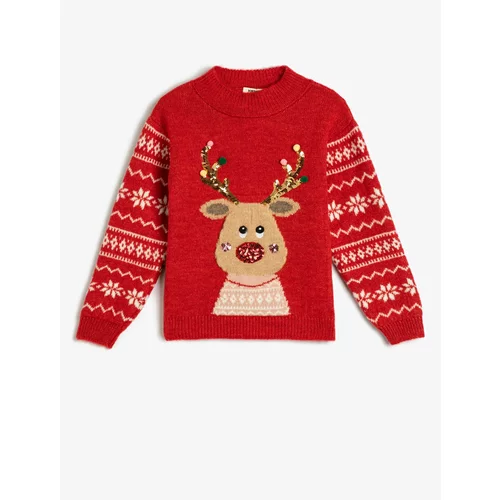 Koton Deer Patterned Christmas Sweater. Crew Neck Sequin Detailed. Soft Texture.