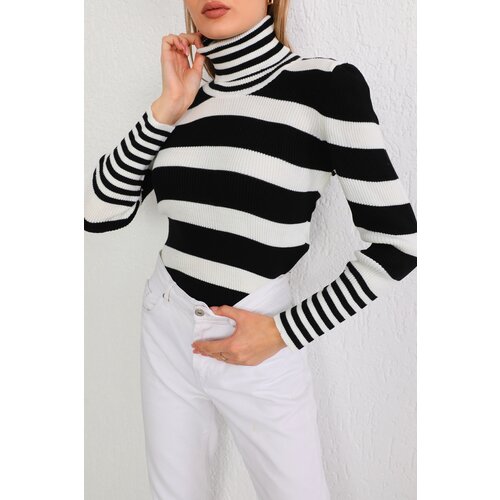 BİKELİFE Women's Black Striped Soft Textured Lycra Basic Knitwear Sweater Slike