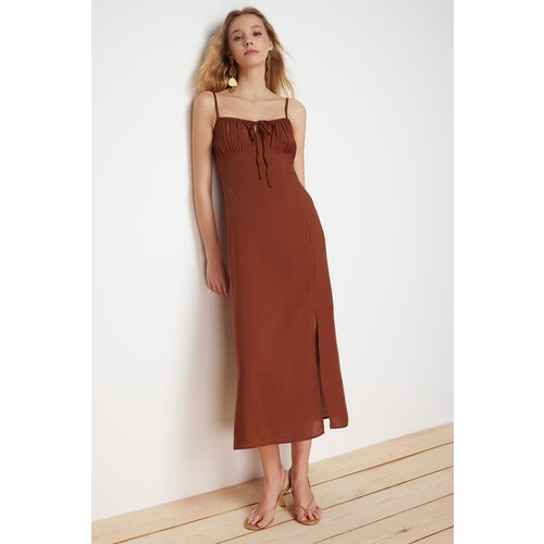 Trendyol Brown A-Line Midi Woven Dress with Tie Detail on the Collar Slike