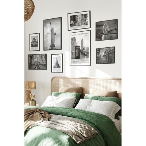 Wallxpert set od 8 uramljenih slika &Ccedil;gs-013, crno-beli gradovi &ndash; kip slobode, london, ajfelova kula, njujork i venecija, crni ram Cene