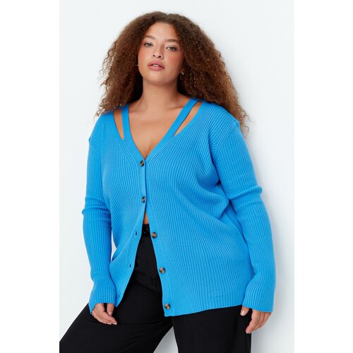 Trendyol curve blue v-neck tape detailed knitwear cardigan with buttons Slike