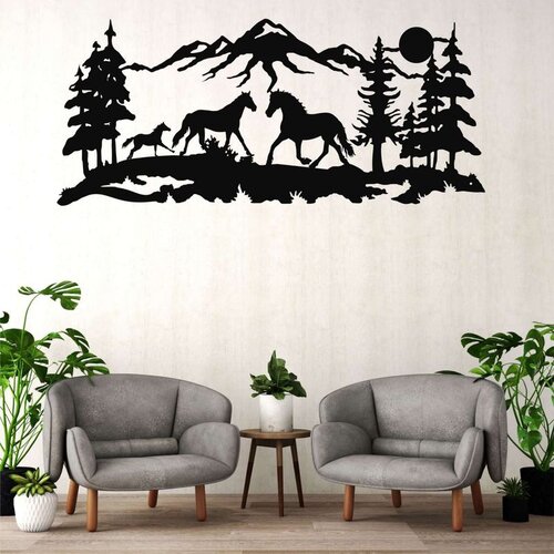Wallxpert metalni zidni ukras 5504, konji u planinskom pejzažu sa šumom, 75 x 33 cm, crni Cene