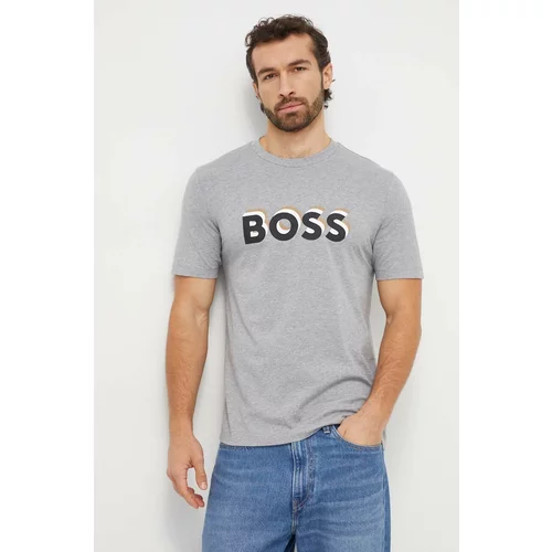 Boss Pamučna majica za muškarce, boja: siva, s tiskom