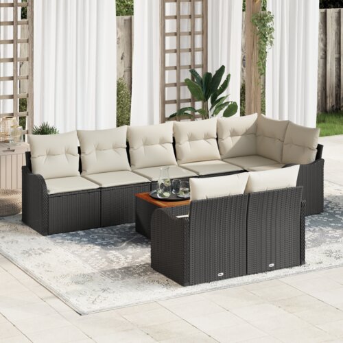 vidaXL 9-dijelni set vrtne sofe s jastučićima Crni Poli Ratan Akacija, 2-satna vrtna sofa s jastučićima Crni Poli Ratan Cene