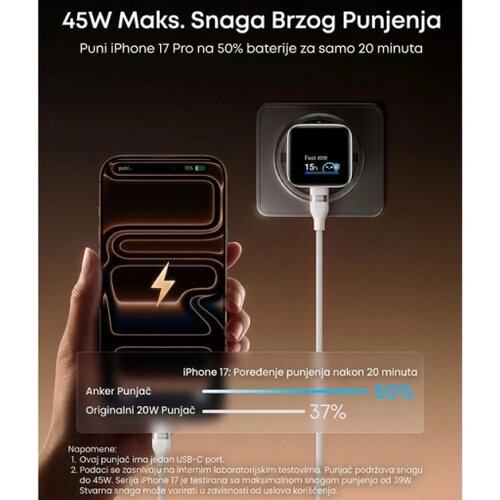 Anker Nano 45W putni zidni punjač sa ekranom, USB-C port, beli Slike