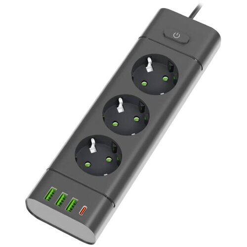 Prosto produžni kabl sa 3 utičnice, USB i USB-C priključcima, crni Slike