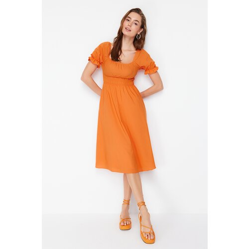 Trendyol orange waist opening balloon sleeve midi woven dress Cene