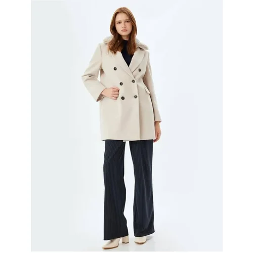 Koton Long Stamp Coat with Removable Faux Für Collar and Pockets