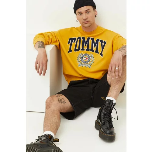 Tommy Jeans Bombažen pulover moška, rumena barva