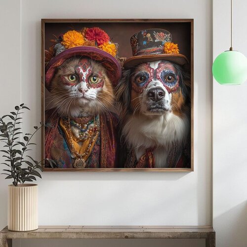 Wallxpert uramljena mdf slika DOS051-70, mačka i pas sa oslikanim licima i cvetnim šeširima, 70 x 70 cm Cene