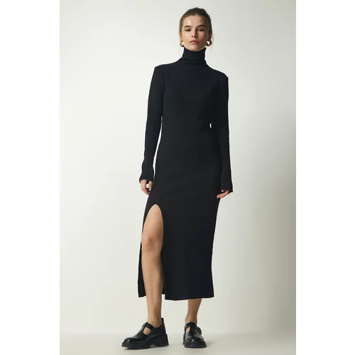 Happiness İstanbul Women's Black Stand-Up Collar Slit Sweater Dress