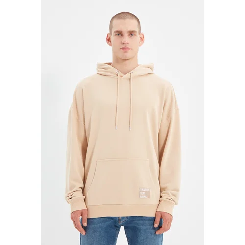 Trendyol Beige Men's Hoodie Oversize Slogan Label Sweatshirt