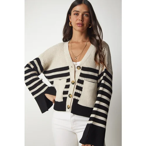  Women's Beige Black Striped Knitwear Cardigan with Pocket