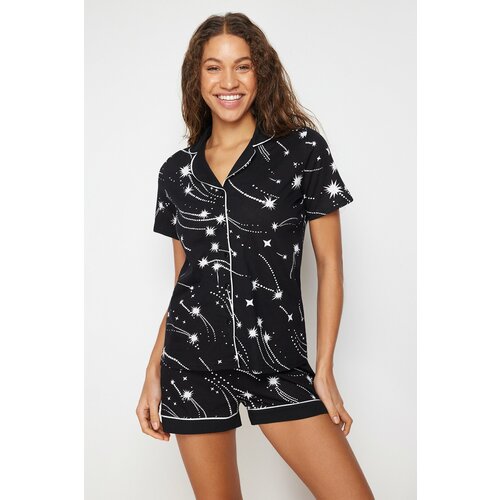 Trendyol Black 100% Cotton Piping Detailed Shirt-Shorts Knitted Pajama Set Cene