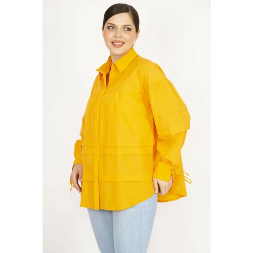 Şans Women's Orange Plus Size Hidden Pat Front Buttoned Stitching Detailed Shirt