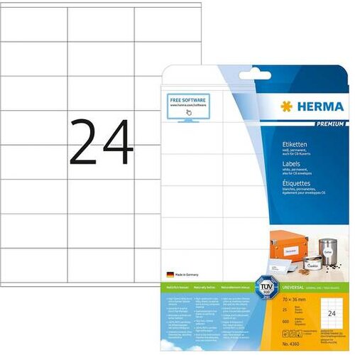 Herma Labels 70x36 25 Sheets DIN A4 600 pcs. 4360 Slike