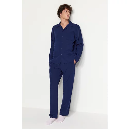 Trendyol Navy Blue Men's Regular Fit Plaid Weave Pajamas Set.