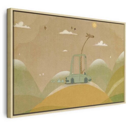  Slika - Dreamy Traveler - A Cheerful Giraffe Driving a Car on a Sunny Day 90x60 U prirodnom drvenom okviru Cijene