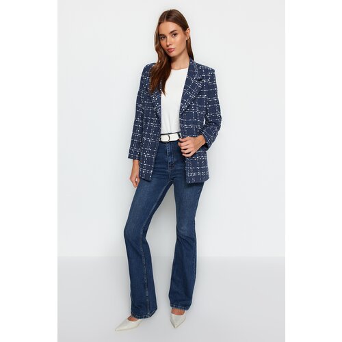 Trendyol Navy Tweed Regular Woven Plaid Blazer Jacket Slike