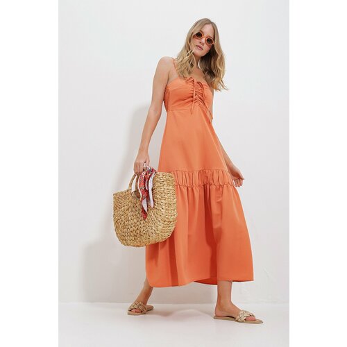 Trend Alaçatı Stili women's cantaloupe linen dress with adjustable straps and gabardine at back Slike