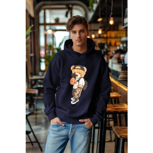 Trendyol Navy Blue Unisex Oversize Teddy Bear Printed Polar Fleece/Warm Hooded Sweatshirt Slike