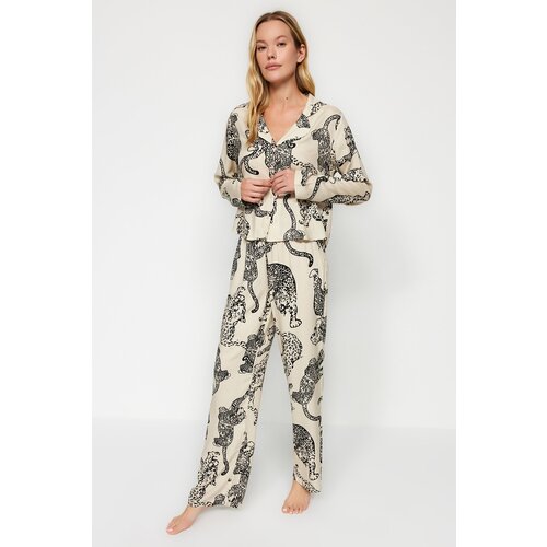 Trendyol Cream Leopard Pattern Viscose Shirt-Pants, Woven Pajamas Set Slike