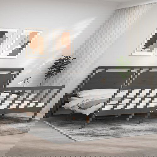 VidaXL Okvir za krevet s uzglavljem sivi 200 x 200 cm od masivnog drva Slike