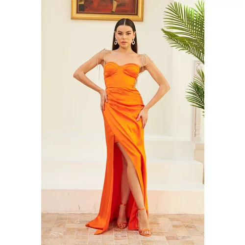 Carmen Orange Satin Tie Long Evening Dress and Invitation Dress.